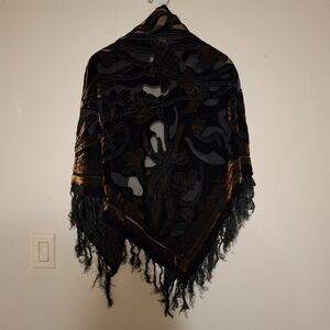 Vintage Black Velvet Burnout Silk Blend Shawl Fringe Boho Fairy Whimsigoth
